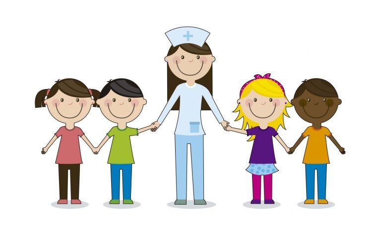 happy nurse holds hands with happy students