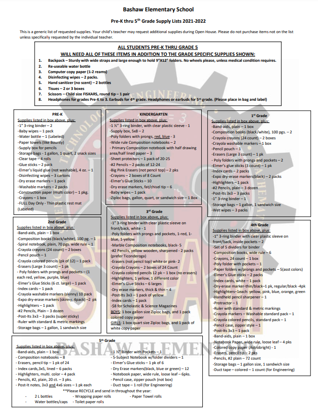  Bashaw School Supply List