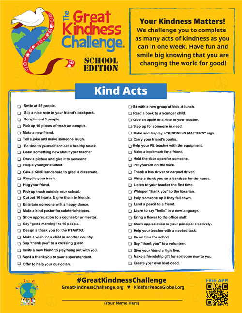 The Great Kindness Challenge checklist