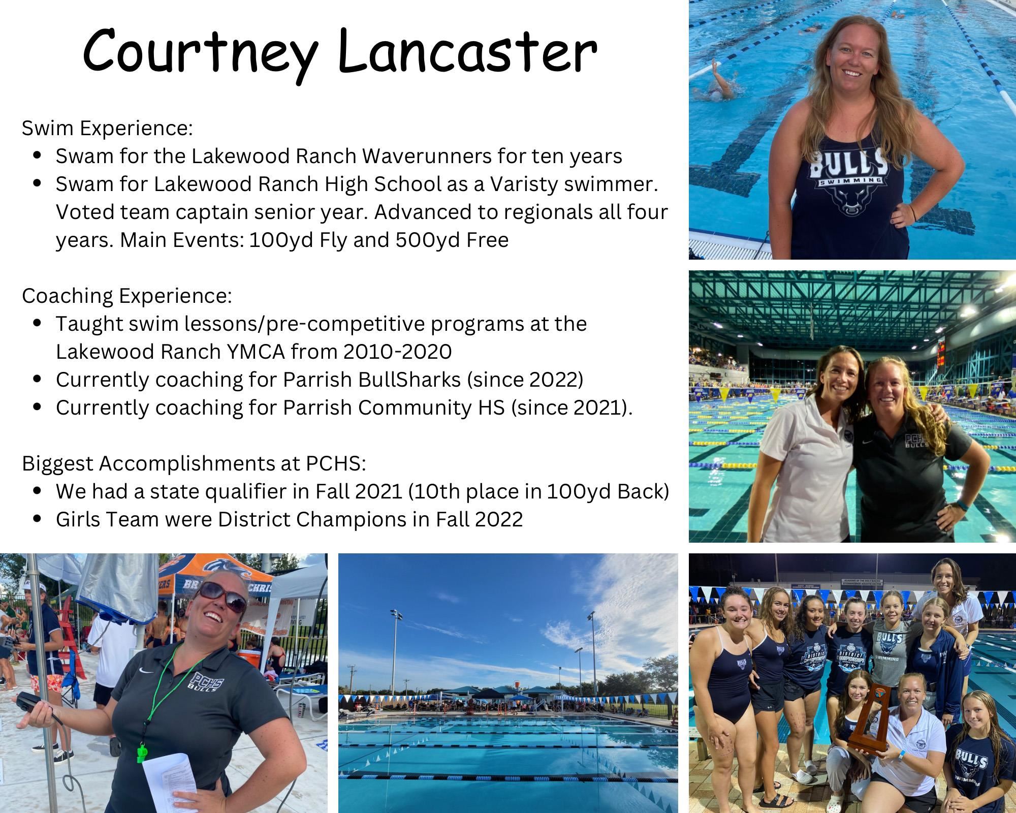 A picture of Swim Coach Courtney Lancaster and her coaching credentials.