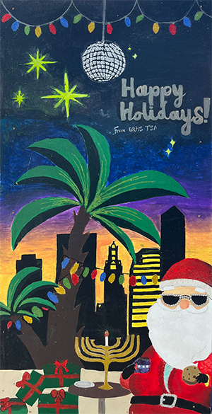 Santa Claus enjoying milk and cookies by a decorated palm tree and a Hanukkah menorah.